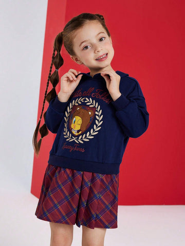 Young Girl Tweety Bird Graphic Navy Peter-Pan Collar Plaid Flare Hem 2 In 1 Dress