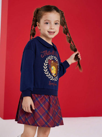 Young Girl Tweety Bird Graphic Navy Peter-Pan Collar Plaid Flare Hem 2 In 1 Dress