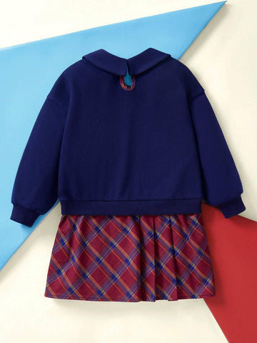Young Girl Tweety Bird Graphic Navy Peter-Pan Collar Plaid Flare Hem 2 In 1 Dress