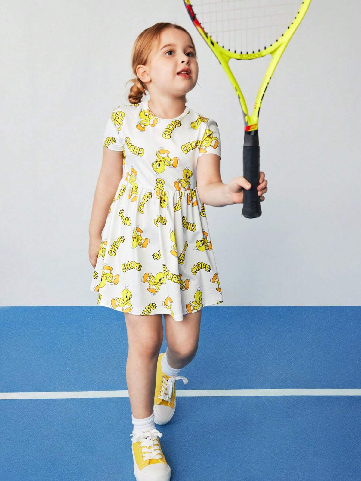 Young Girl White Cute Allover Print Short Sleeve Casual Dress