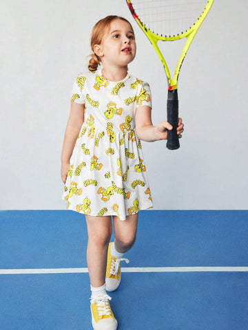 Young Girl White Cute Allover Print Short Sleeve Casual Dress