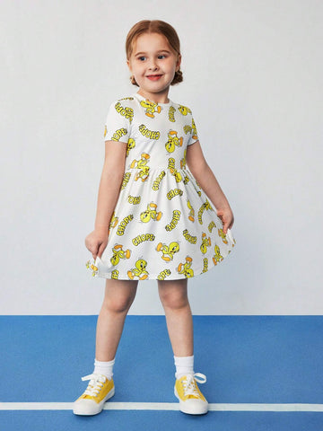 Young Girl White Cute Allover Print Short Sleeve Casual Dress