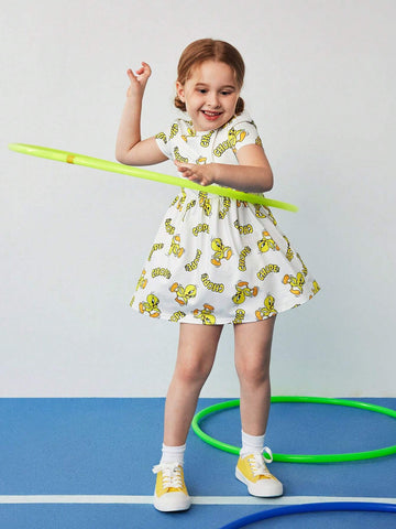 Young Girl White Cute Allover Print Short Sleeve Casual Dress