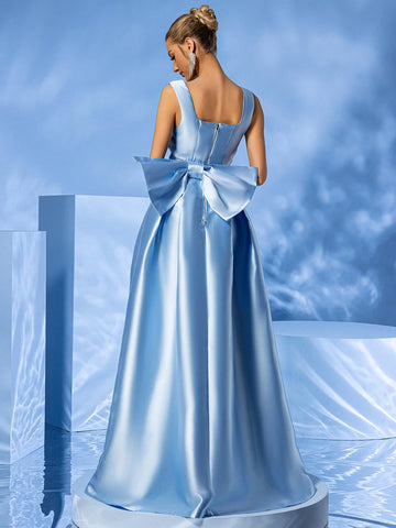 LOVE&LEMONADE Blue Bow Detail Floor-Length Sleeveless Formal Dress