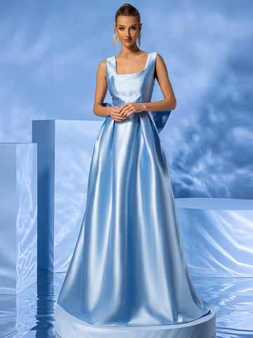 LOVE&LEMONADE Blue Bow Detail Floor-Length Sleeveless Formal Dress