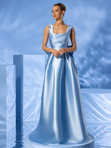 LOVE&LEMONADE Blue Bow Detail Floor-Length Sleeveless Formal Dress