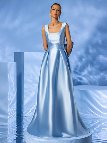 LOVE&LEMONADE Blue Bow Detail Floor-Length Sleeveless Formal Dress