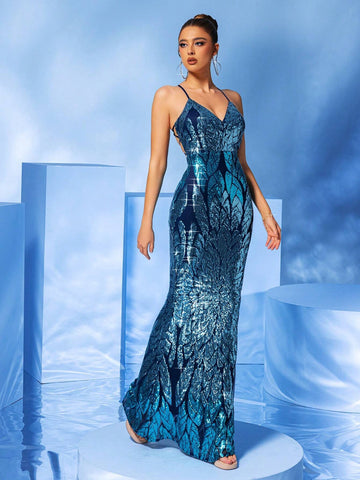 LOVE&LEMONADE Blue Glittery Party Dress With Spaghetti Straps For Summer