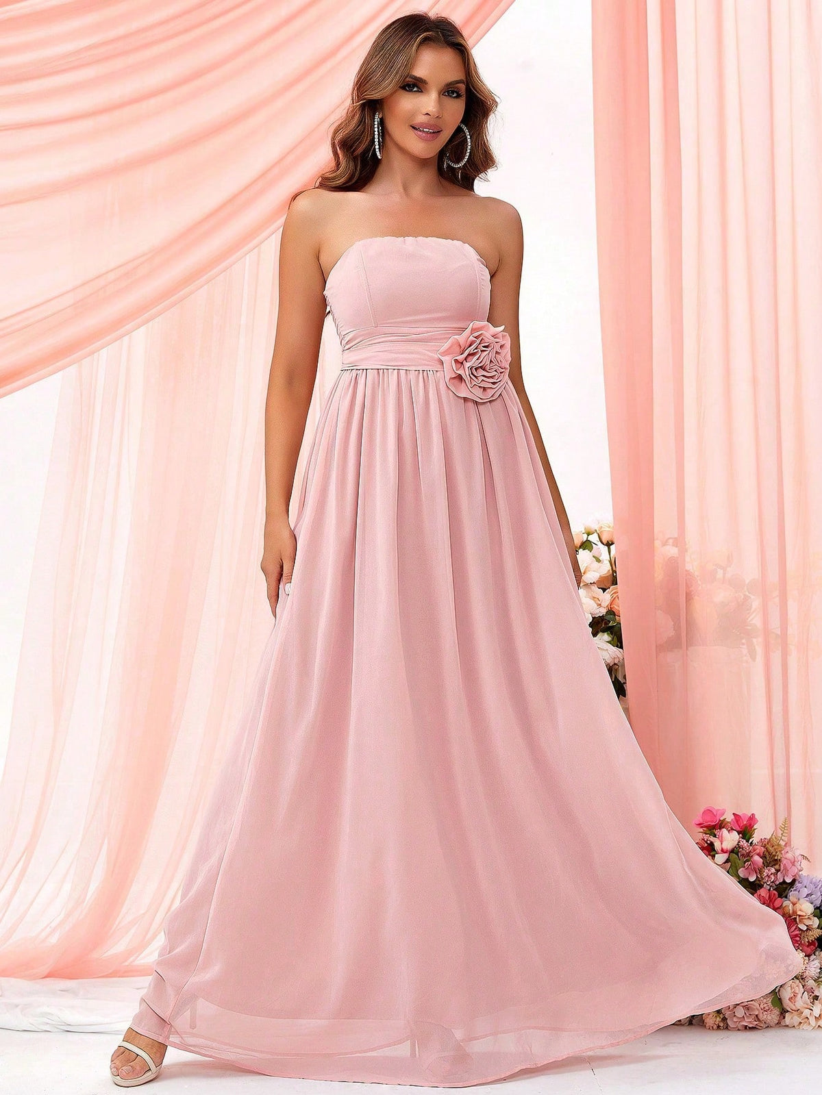 LOVE&LEMONADE Bridesmaid Dress With 3d Flower Decorated Strapless Bodice