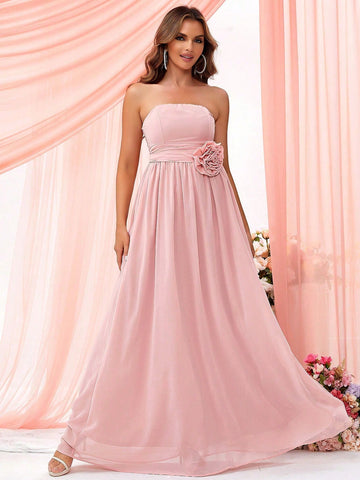 LOVE&LEMONADE Bridesmaid Dress With 3d Flower Decorated Strapless Bodice