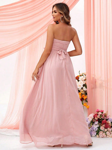 LOVE&LEMONADE Bridesmaid Dress With 3d Flower Decorated Strapless Bodice