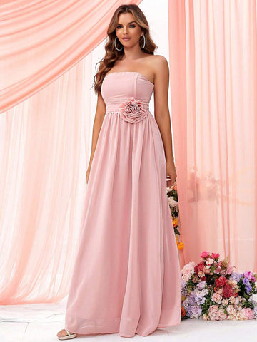 LOVE&LEMONADE Bridesmaid Dress With 3d Flower Decorated Strapless Bodice