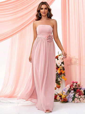 LOVE&LEMONADE Bridesmaid Dress With 3d Flower Decorated Strapless Bodice