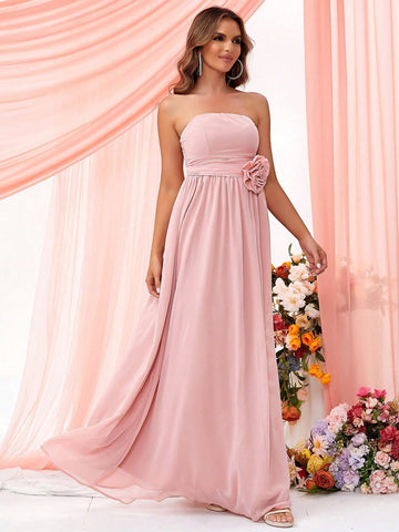 LOVE&LEMONADE Bridesmaid Dress With 3d Flower Decorated Strapless Bodice