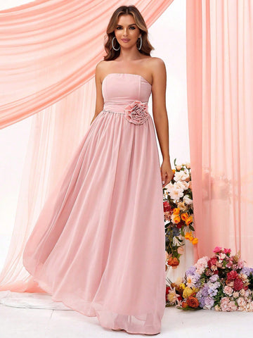 LOVE&LEMONADE Bridesmaid Dress With 3d Flower Decorated Strapless Bodice