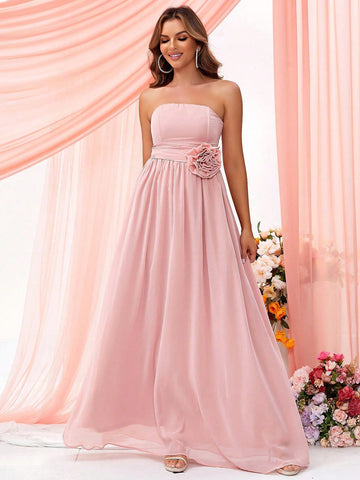 LOVE&LEMONADE Bridesmaid Dress With 3d Flower Decorated Strapless Bodice