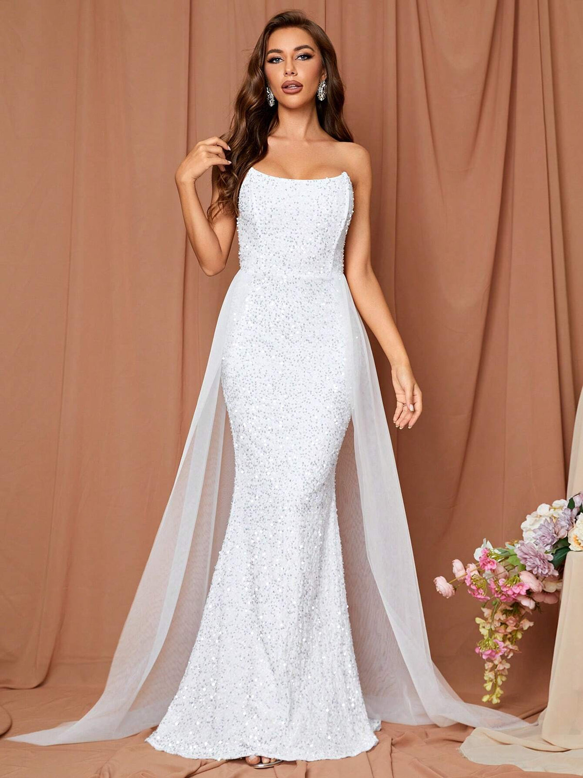LOVE&LEMONADE Contrast Mesh Mermaid Hem Sequin Tube Wedding Dress