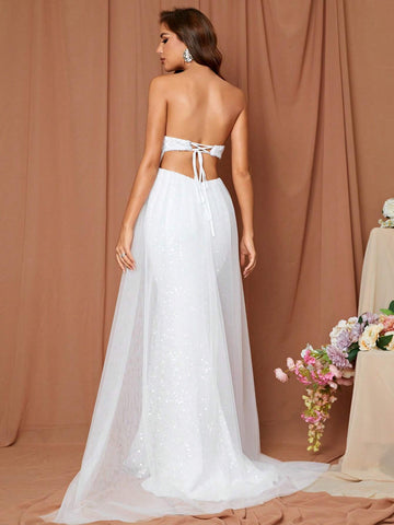 LOVE&LEMONADE Contrast Mesh Mermaid Hem Sequin Tube Wedding Dress