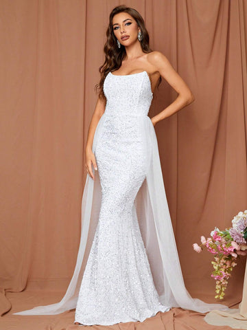 LOVE&LEMONADE Contrast Mesh Mermaid Hem Sequin Tube Wedding Dress
