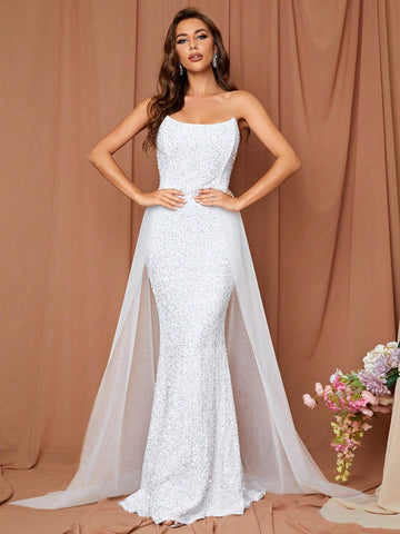 LOVE&LEMONADE Contrast Mesh Mermaid Hem Sequin Tube Wedding Dress