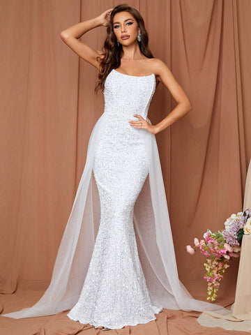 LOVE&LEMONADE Contrast Mesh Mermaid Hem Sequin Tube Wedding Dress