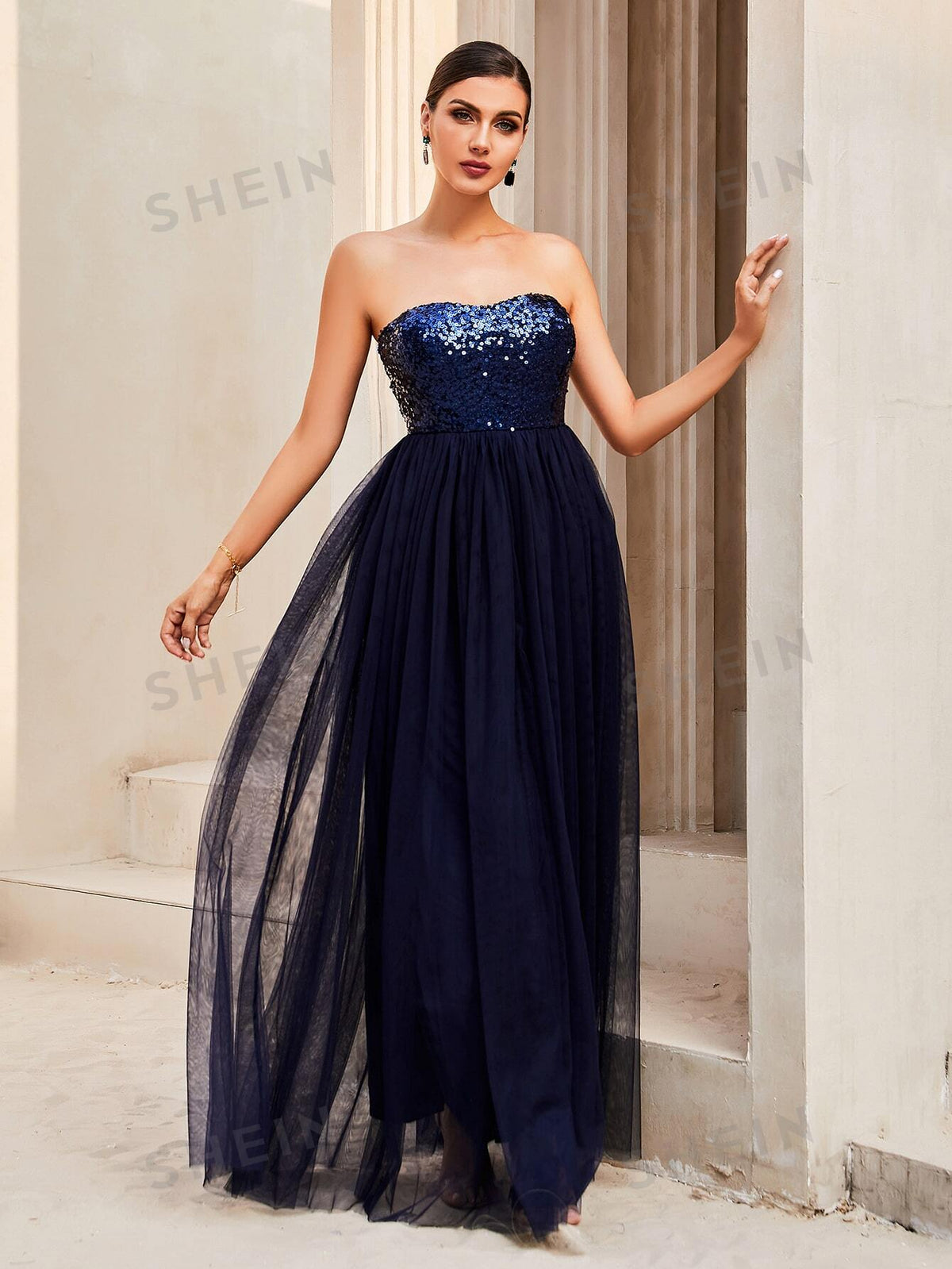LOVE&LEMONADE Contrast Sequin Backless Mesh Tube Bridesmaid Formal Gown