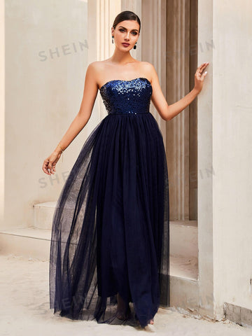 LOVE&LEMONADE Contrast Sequin Backless Mesh Tube Bridesmaid Formal Gown