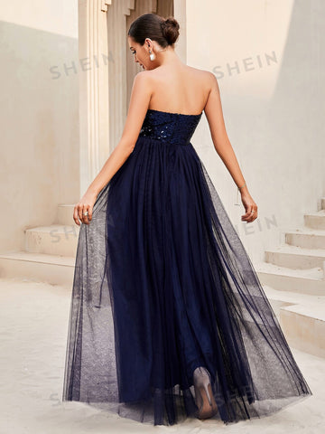 LOVE&LEMONADE Contrast Sequin Backless Mesh Tube Bridesmaid Formal Gown