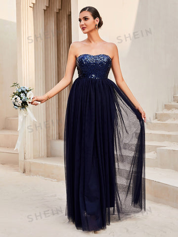 LOVE&LEMONADE Contrast Sequin Backless Mesh Tube Bridesmaid Formal Gown