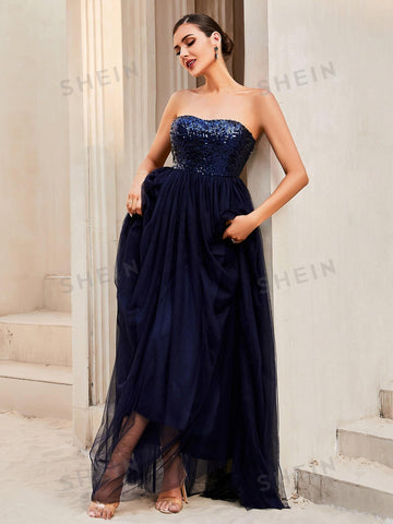 LOVE&LEMONADE Contrast Sequin Backless Mesh Tube Bridesmaid Formal Gown