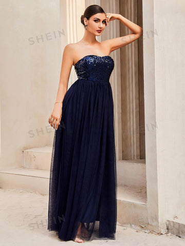 LOVE&LEMONADE Contrast Sequin Backless Mesh Tube Bridesmaid Formal Gown