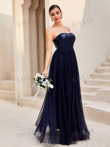 LOVE&LEMONADE Contrast Sequin Backless Mesh Tube Bridesmaid Formal Gown