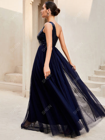 LOVE&LEMONADE Contrast Sequin One Shoulder Mesh Hem Formal Dress