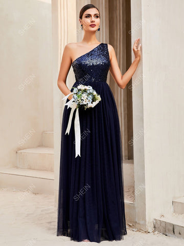 LOVE&LEMONADE Contrast Sequin One Shoulder Mesh Hem Formal Dress