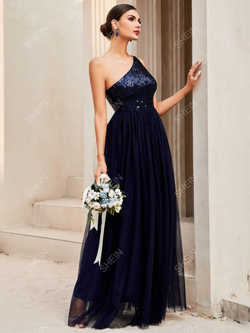 LOVE&LEMONADE Contrast Sequin One Shoulder Mesh Hem Formal Dress