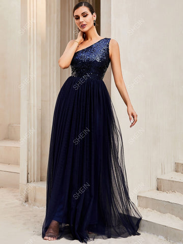 LOVE&LEMONADE Contrast Sequin One Shoulder Mesh Hem Formal Dress