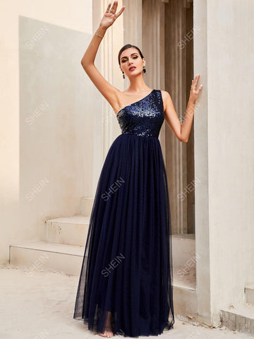 LOVE&LEMONADE Contrast Sequin One Shoulder Mesh Hem Formal Dress