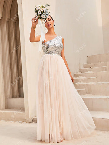 LOVE&LEMONADE Contrast Sequin One Shoulder Mesh Overlay Hem Formal Dress