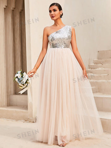 LOVE&LEMONADE Contrast Sequin One Shoulder Mesh Overlay Hem Formal Dress