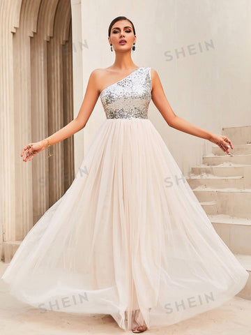 LOVE&LEMONADE Contrast Sequin One Shoulder Mesh Overlay Hem Formal Dress