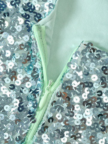 LOVE&LEMONADE Contrast Sequin One Shoulder Mesh Overlay Hem Formal Gown