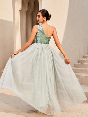 LOVE&LEMONADE Contrast Sequin One Shoulder Mesh Overlay Hem Formal Gown