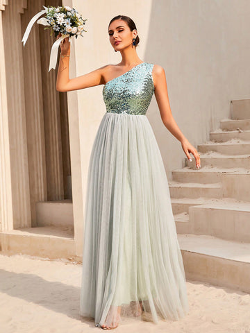 LOVE&LEMONADE Contrast Sequin One Shoulder Mesh Overlay Hem Formal Gown