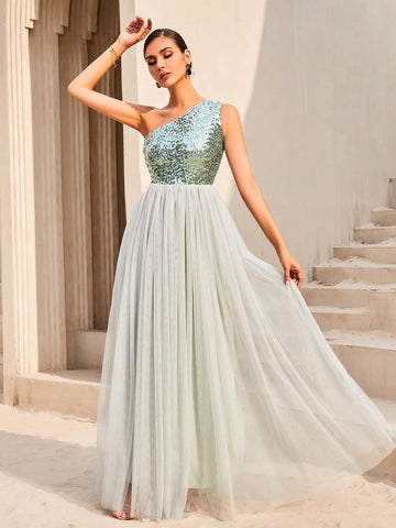 LOVE&LEMONADE Contrast Sequin One Shoulder Mesh Overlay Hem Formal Gown