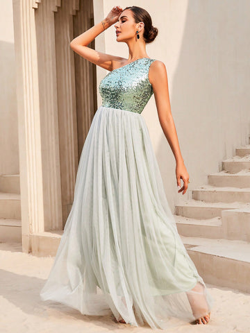 LOVE&LEMONADE Contrast Sequin One Shoulder Mesh Overlay Hem Formal Gown