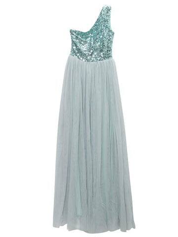 LOVE&LEMONADE Contrast Sequin One Shoulder Mesh Overlay Hem Formal Gown