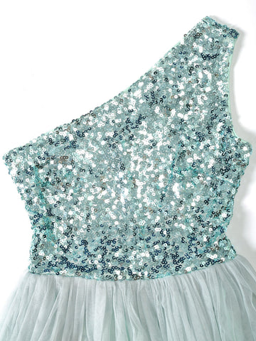 LOVE&LEMONADE Contrast Sequin One Shoulder Mesh Overlay Hem Formal Gown