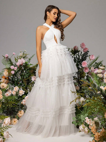 LOVE&LEMONADE Cross Halter Multi-Layer Tulle Hem Sleeveless Wedding Dress