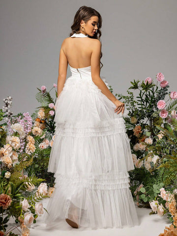 LOVE&LEMONADE Cross Halter Multi-Layer Tulle Hem Sleeveless Wedding Dress