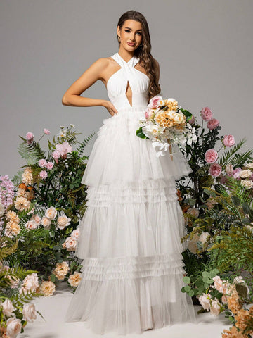 LOVE&LEMONADE Cross Halter Multi-Layer Tulle Hem Sleeveless Wedding Dress